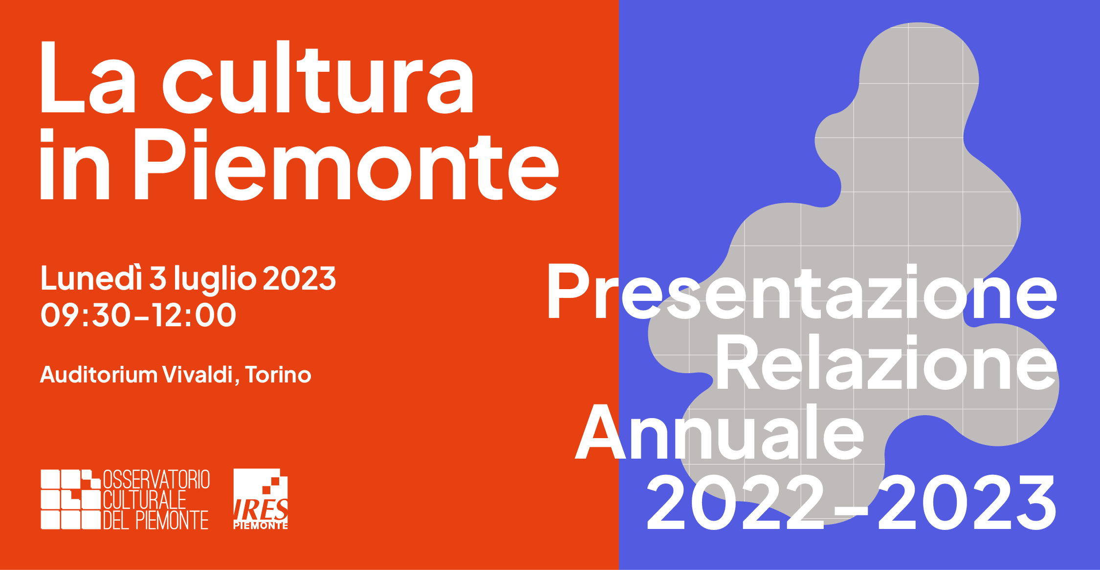 Immagine copertina Presentazione Relazione Annuale 2022/2023. La Cultura in Piemonte. OCP arancione e blu